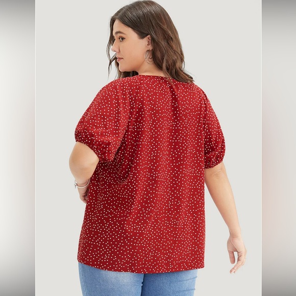 NWT- Bloomchic Polka Dot Pleated Round Neck Puff Sleeve Blouse - Picture 3 of 11